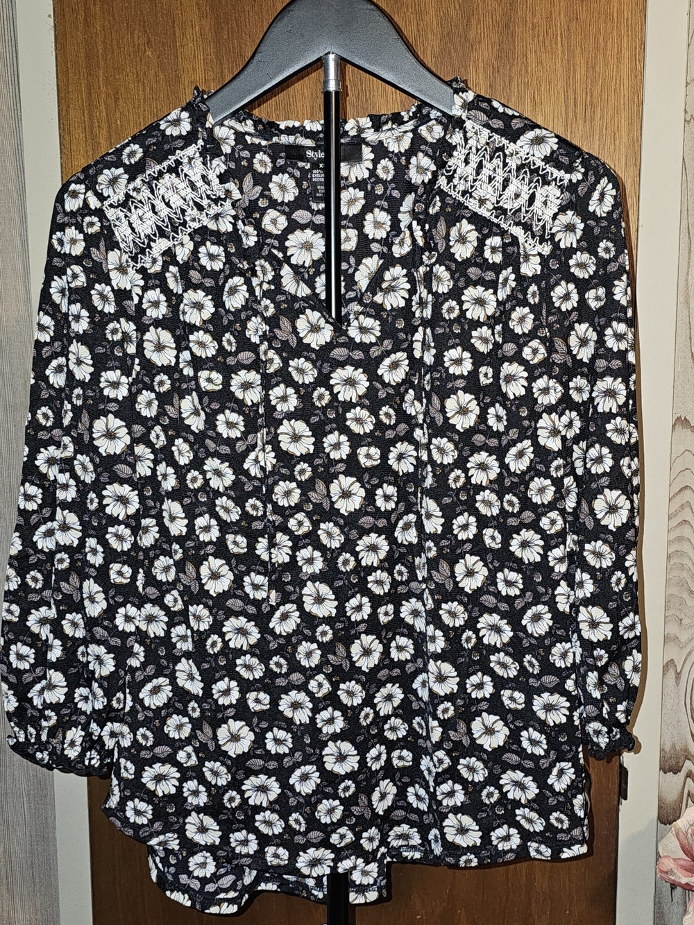 Style & Co. Black Floral V-Neck Top with White and Cream Flowers